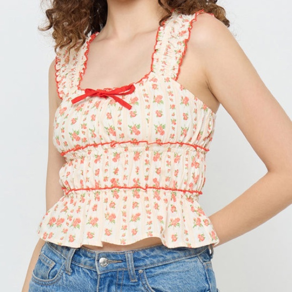 Floral Ruffle Trim Chemise in Cream and Red